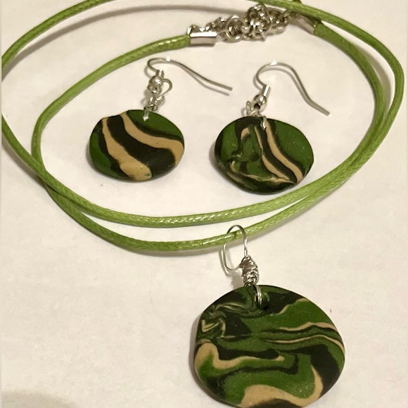 Handcrafted Clay Necklace and Earrings Camo Green One of a Kind - Picture 1 of 7